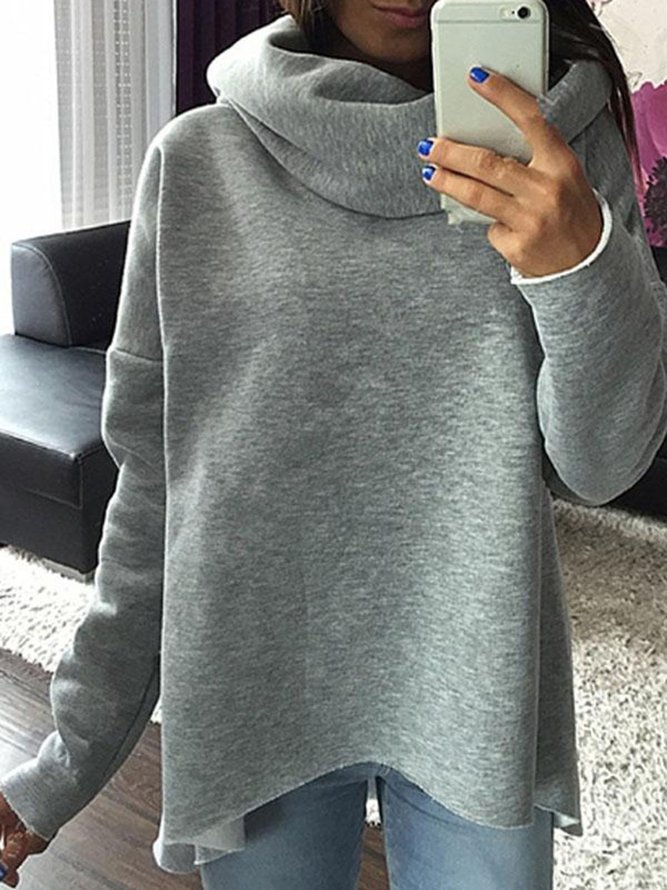 Solid Long Sleeve Cowl Neck Casual Hoodies & Sweatshirt